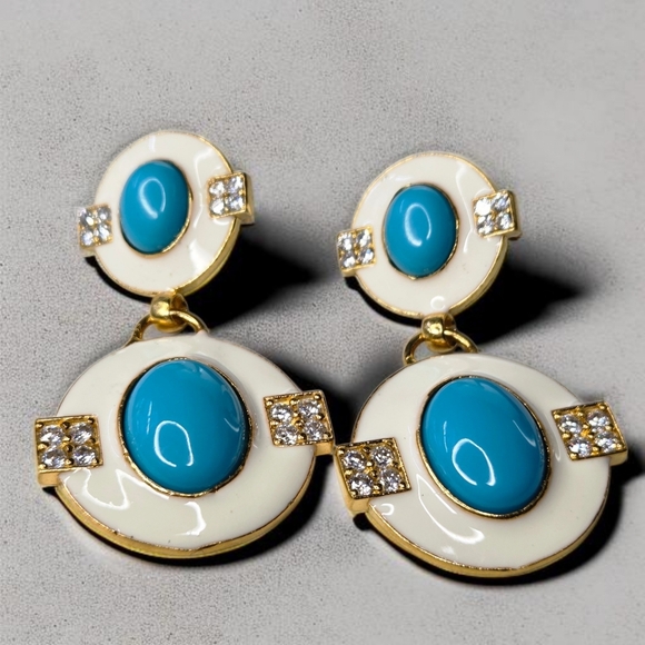18k Gold Plated High-end Designer White Enamel Turquoise Cabochon Earrings - Picture 3 of 5